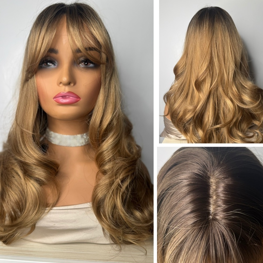 Long Wavy Synthetic Wig Honey Blonde Balayage with Curtain Bangs | Natural look
